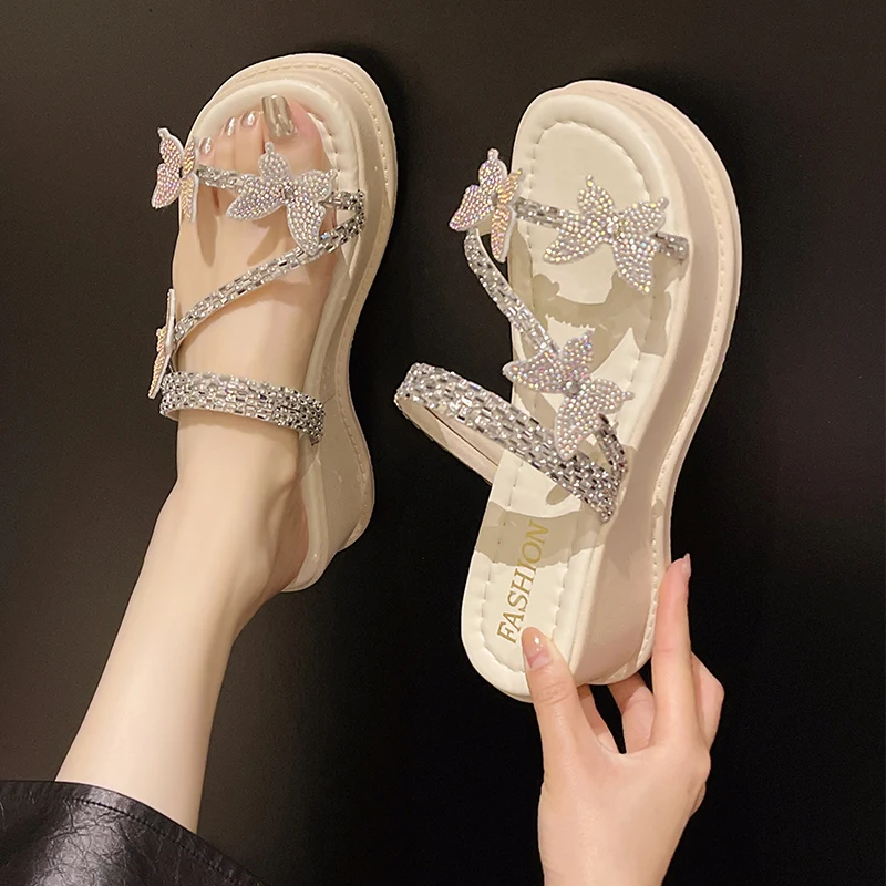 Tongs à semelle compensée en caoutchouc pour femmes, pantoufles à paillettes, chaussures hawaïennes douces, à la mode, 2024