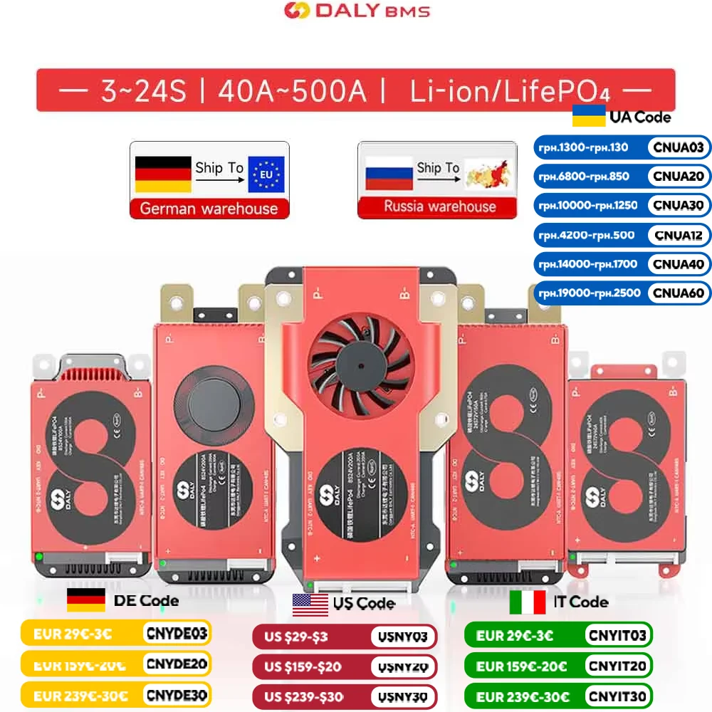 Daly Smart BMS 4S  Lifepo4 8S 16S 40A 60A 100A 150A 200A 300A 400A 500A Bluetooth APP for Inverter Solar RV RS485 CANBUS