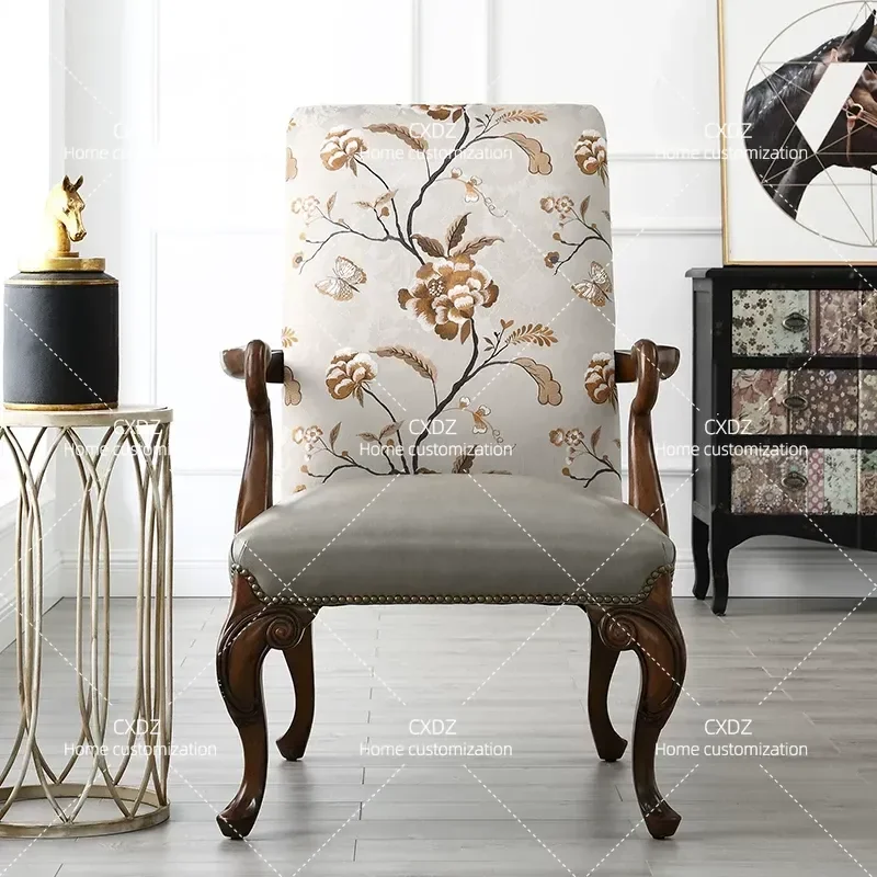 American Solid Wood Sofa Chair Light Luxury Tiger Pattern Single Leisure Chair Leather Fabric Living Room High Back Lazy