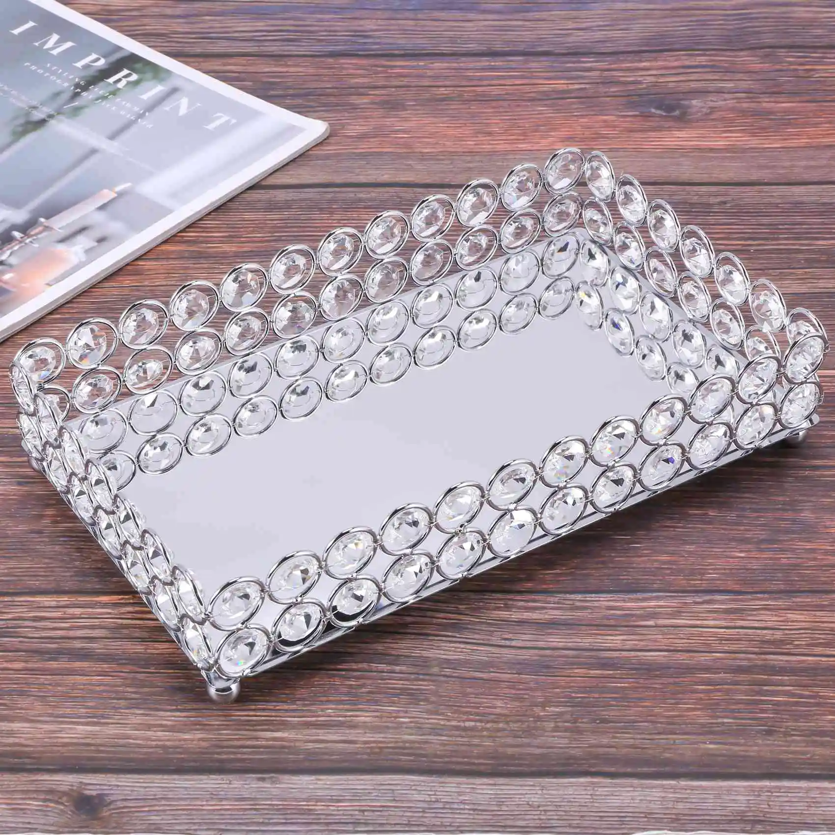 ABSS-Crystal Rectangle Cosmetic Tray Jewelry Trinket Organizer Mirror Decorative Tray Perfume Skin Care Organizer(Silver)
