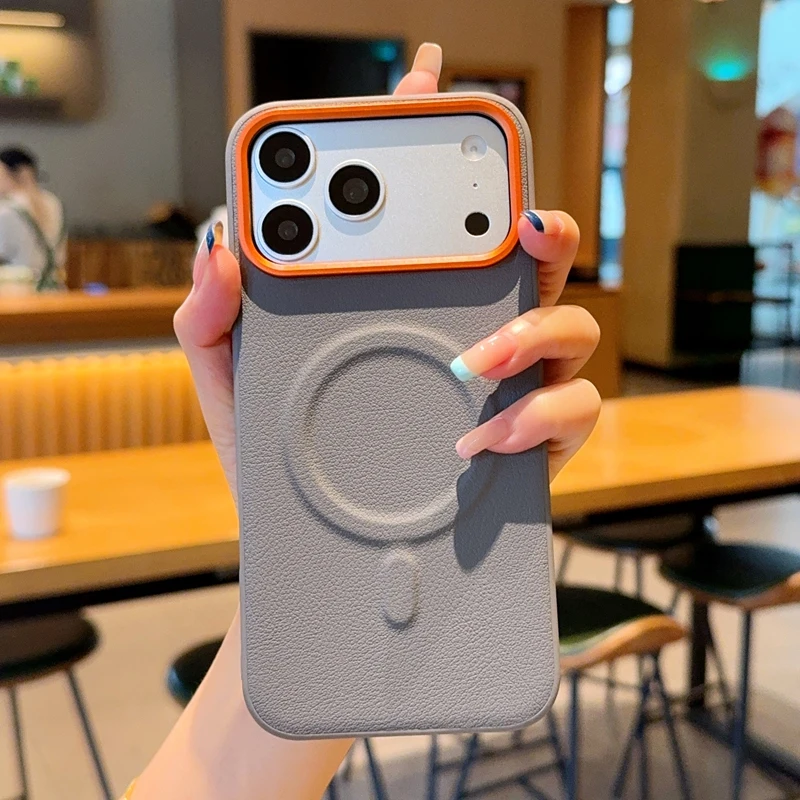 For Iphone 16 17 Pro Max 16e 17e Vegan Leather Phone Case Magnetic Wireless Charger PC Shell Protective Solid Color Back Cover