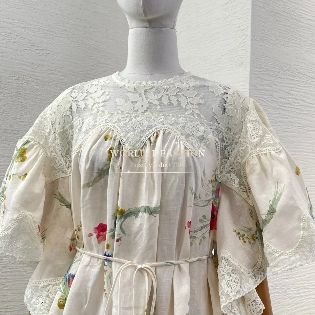 Sweet White Color Linen 2025 High Quality Floral Print Short Sleeve Lace Patchwork Women Mini Dress