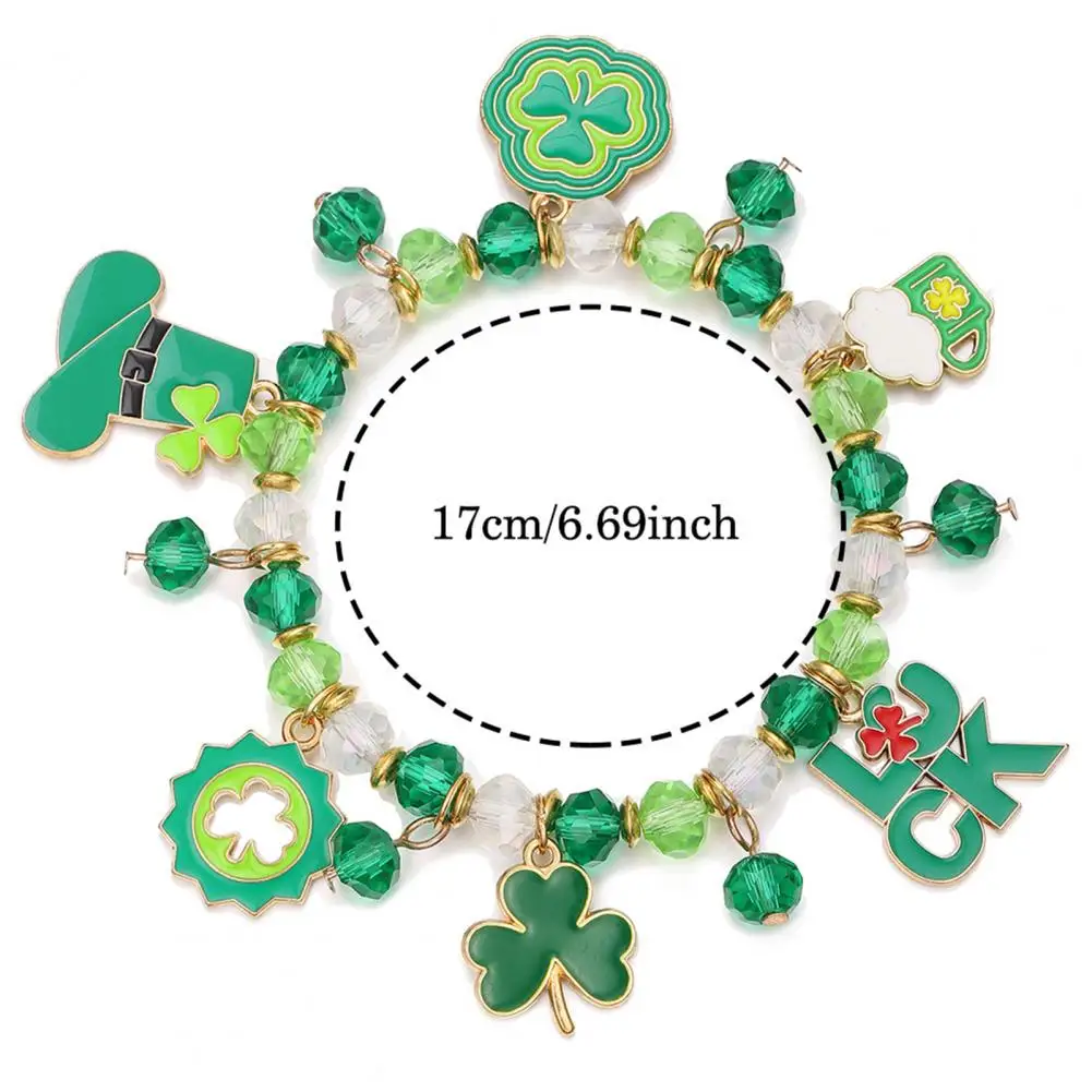 Glass Bead Bracelet Shamrock Bracelet St Patrick’s Day Jewelry Irish Beaded Lucky Charm Bracelet Elastic Clover Festive