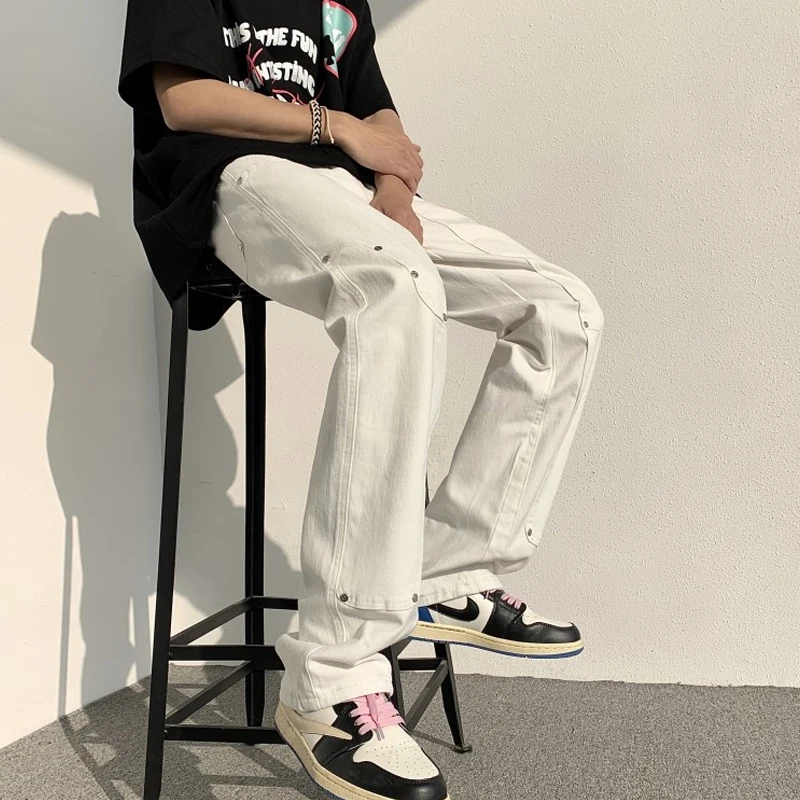 

Мужские повседневные брюки American Vibe, дизайн с заклепками, белые, долговечные, рабочие, прямые, со средней посадкой, весна-осень