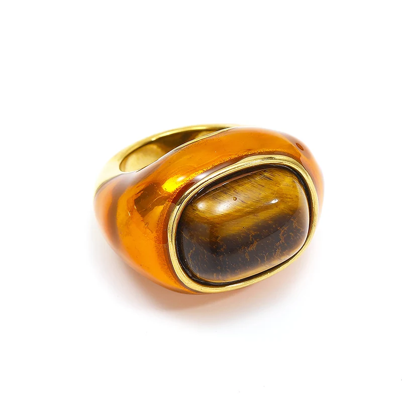 Punk Rock Stainless Steel Colored Enamel Inlaid with Natural Stone Round Finger Rings for Women Charm Jewelry
