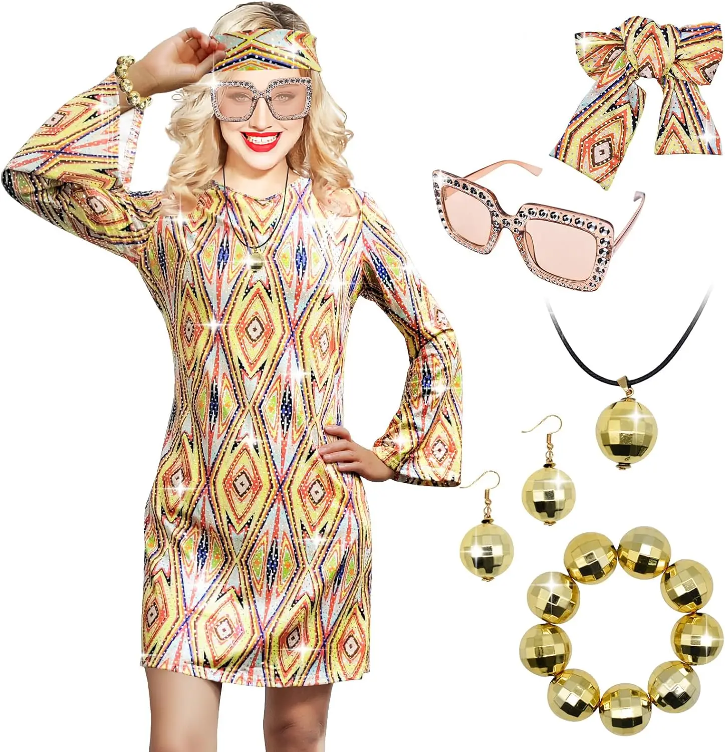 70s Women Disco Dress Hippie Costumes Necklace Earrings Glasses, 60\'s 70\'s Birthday Outfits, 1970s Prom Bling Dress