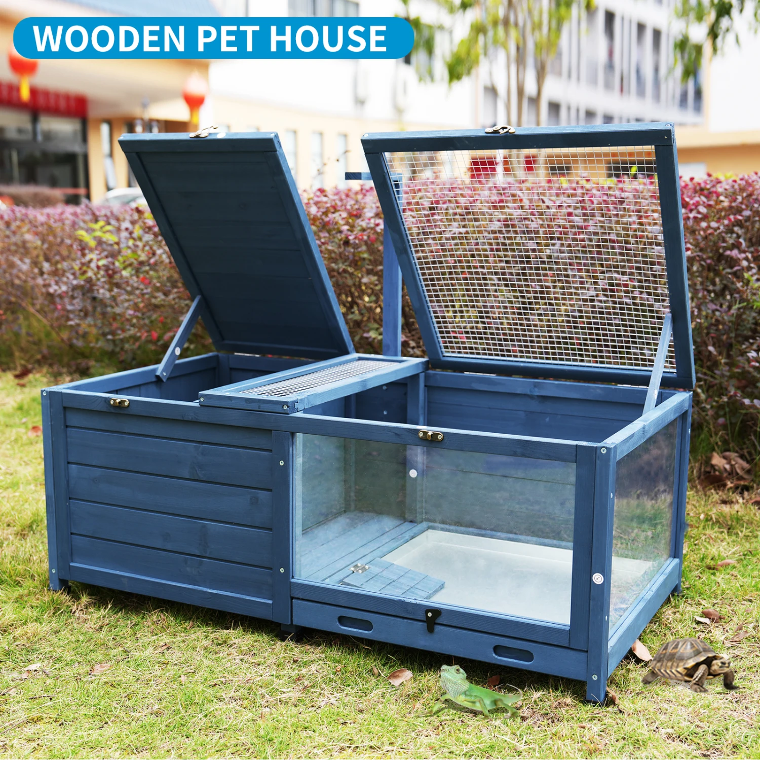 Tortoise Habitat Wooden Tortoise House w/Removable Waterproof Tray Indoor Turtle Enclosure for Small Animals Outdoor Wooden Rept