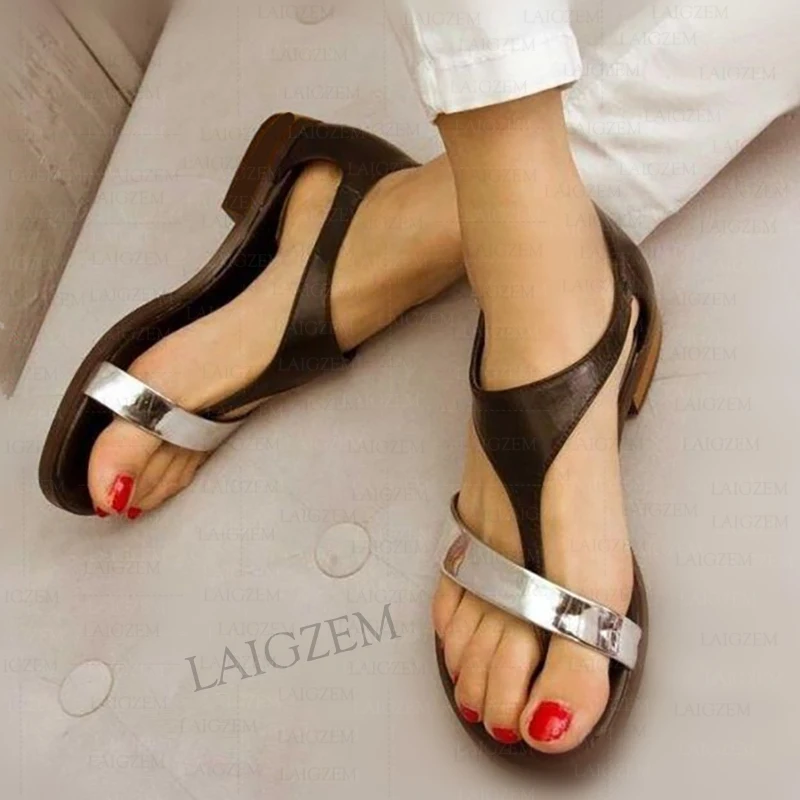 LAIGZEM Women Sandals Low Square Heels Flip Flop Summer Buckle Strap Students Girls Ladies Spring Shoes Woman Big Size 38 39 43