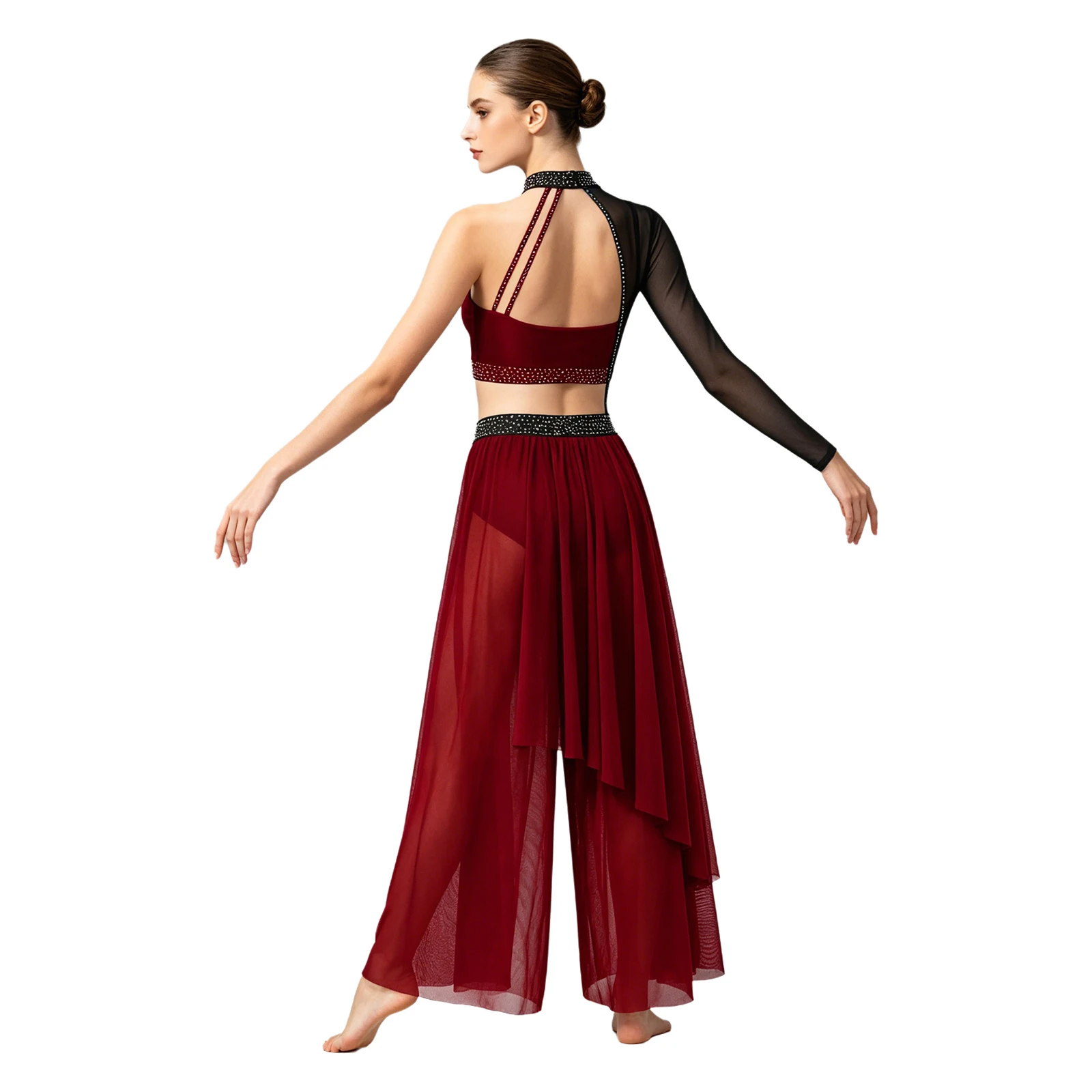 Women Lyrical Contemporary Ballet Dance Performance Costume Sequin Bodice Mesh Wide Legs Built-in Briefs Jumpsuit Dancewear