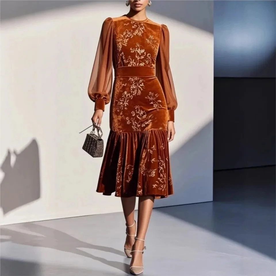 

WomenAutumn Winter Caramel Color Velvet Dress Elegant Fashion O Neck Lantern Sleeves Mesh LongSleeves Waist ALine Fishtail Skirt