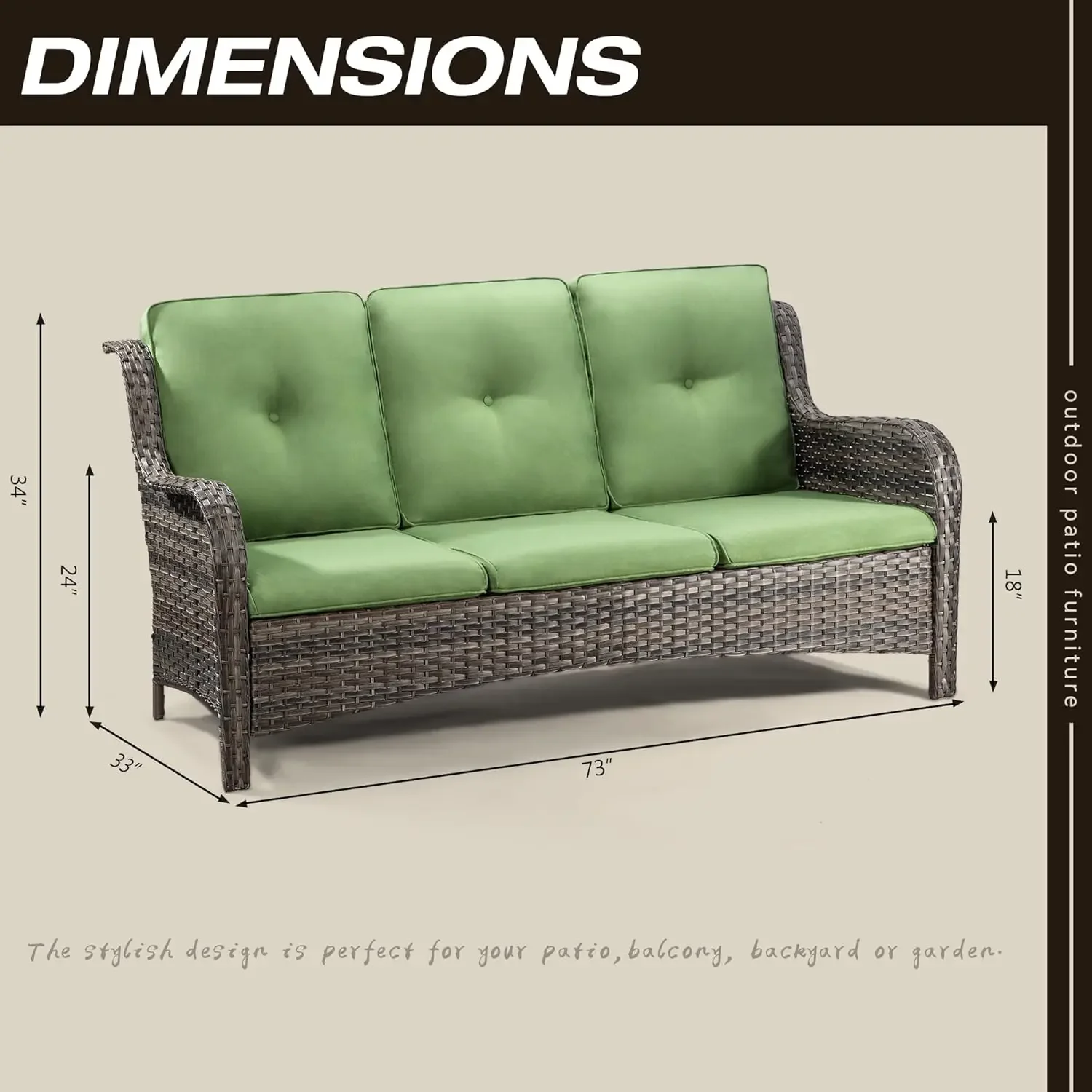 Outdoor Patio Couch Wicker Sofa - 3 Seater Rattan Sofa for Outside Patio Garden with Deep Seating and Olefin (Mixed Grey/Green)