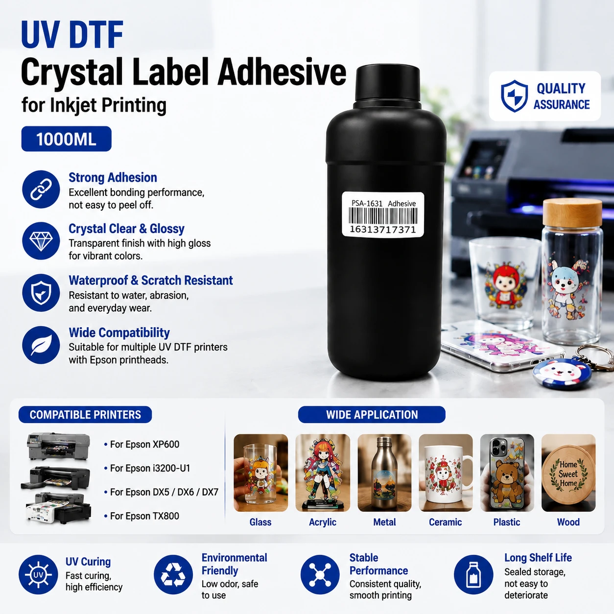 Compatible With UV DTF Printig Adhesive 1000ML For Epson Printhead XP600 DX5 DX6 DX7 TX800 For Crystal Stickers Glass Wood
