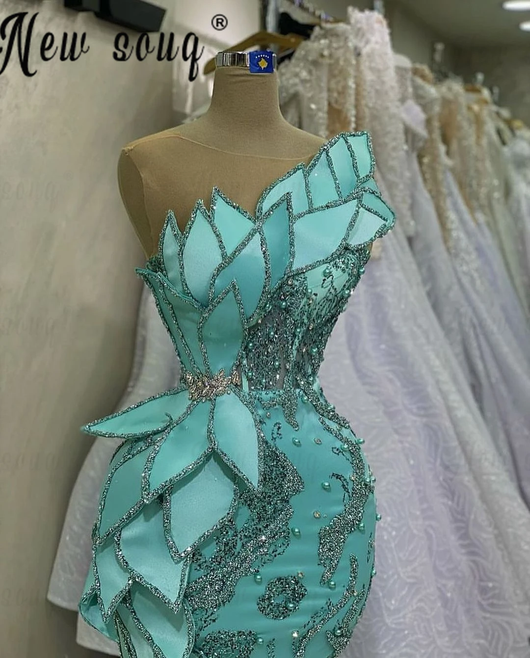 Chic Mint Green 3D Leaf Design Evening Dress Arabic High Split Side Wedding Party Gowns Glitter Mermaid Formal Long Prom Dresses