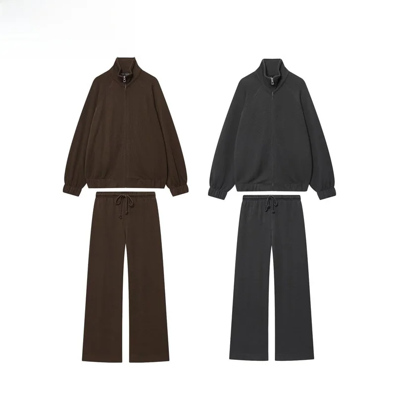 Soft Zipper Sweatirt Straight Leg Pants ZR Sle Women's Faion Streetwear Long Sve Warm Polyester Fiber Autumn Season