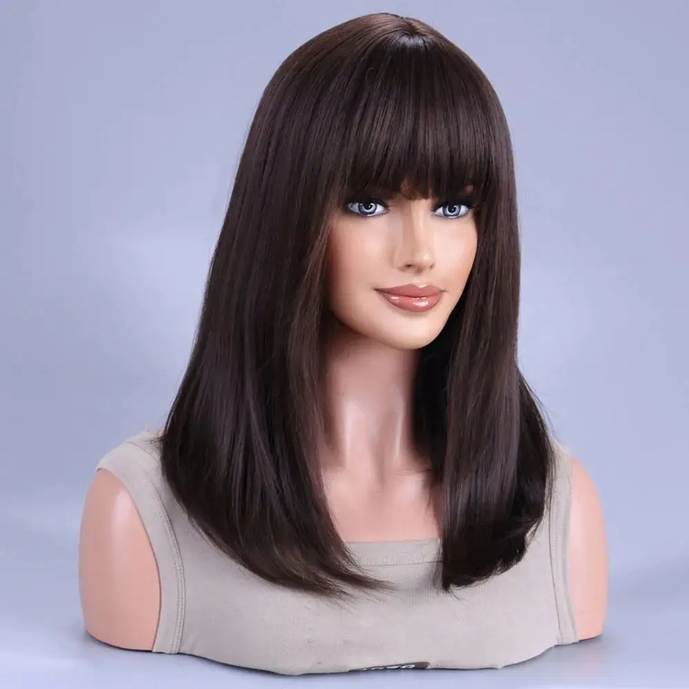 Bla Brown Middle Long Straight Synthetic Wig with Bangs Casual Ele Women's Hairpiece for Autumn Season