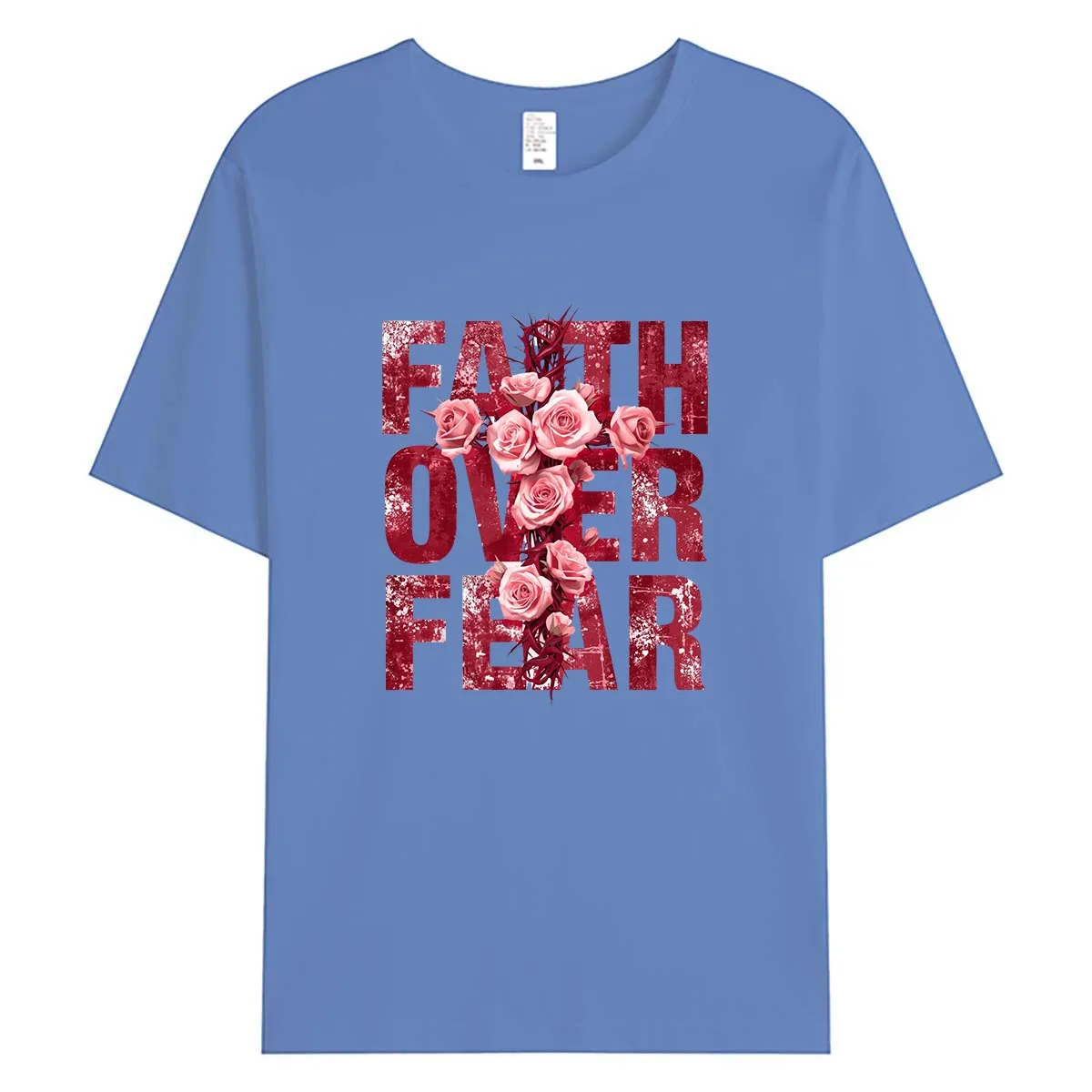 Faith Over Fear Cross Red Roses Women T-Shirt Grunge Christian Religious Graphic Tee Summer Cotton Tops Jesus Love