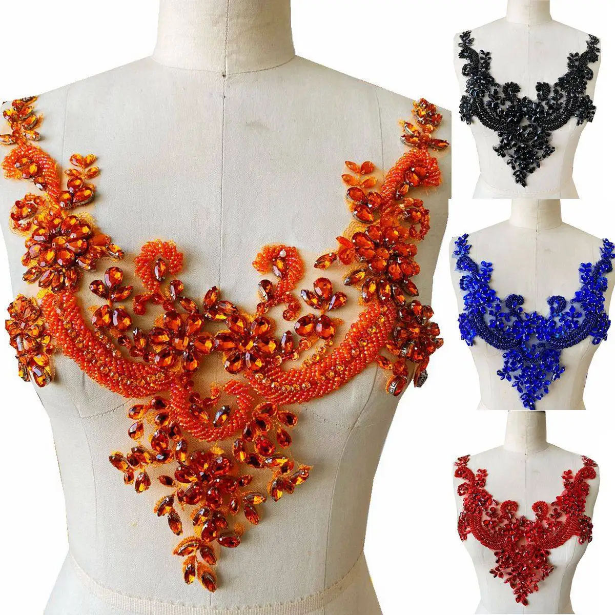 

Shinny Handmade Beads Rhinestone V Neck Applique Patches Embellishments Bridal Dress Wedding Gowns Sew-on Trim Accessories