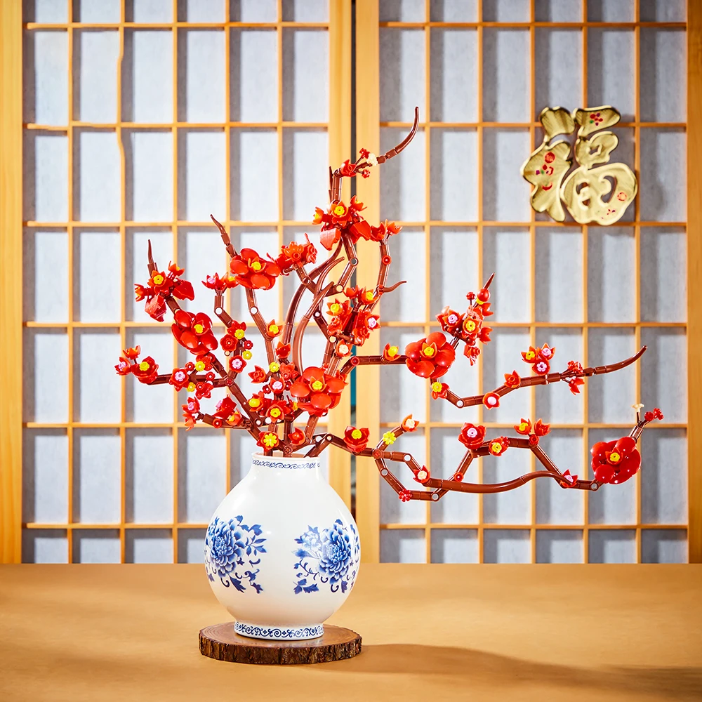 MOC Plant Series 2-in-1 pruimenbloesem en hulst met vaas bouwstenen set, boeket ornament model, verjaardagscadeau voor meisjes