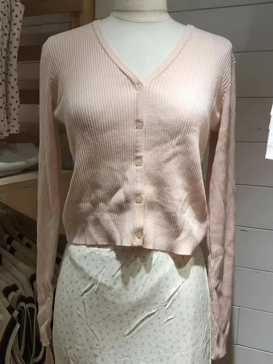 

Pink Ribbed V-neck Sweater Coat Women Autumn Cotton Buttons Slim Basic Short Cardigan Vintage Sweet Cute Chic Y2K Jumpers Tops