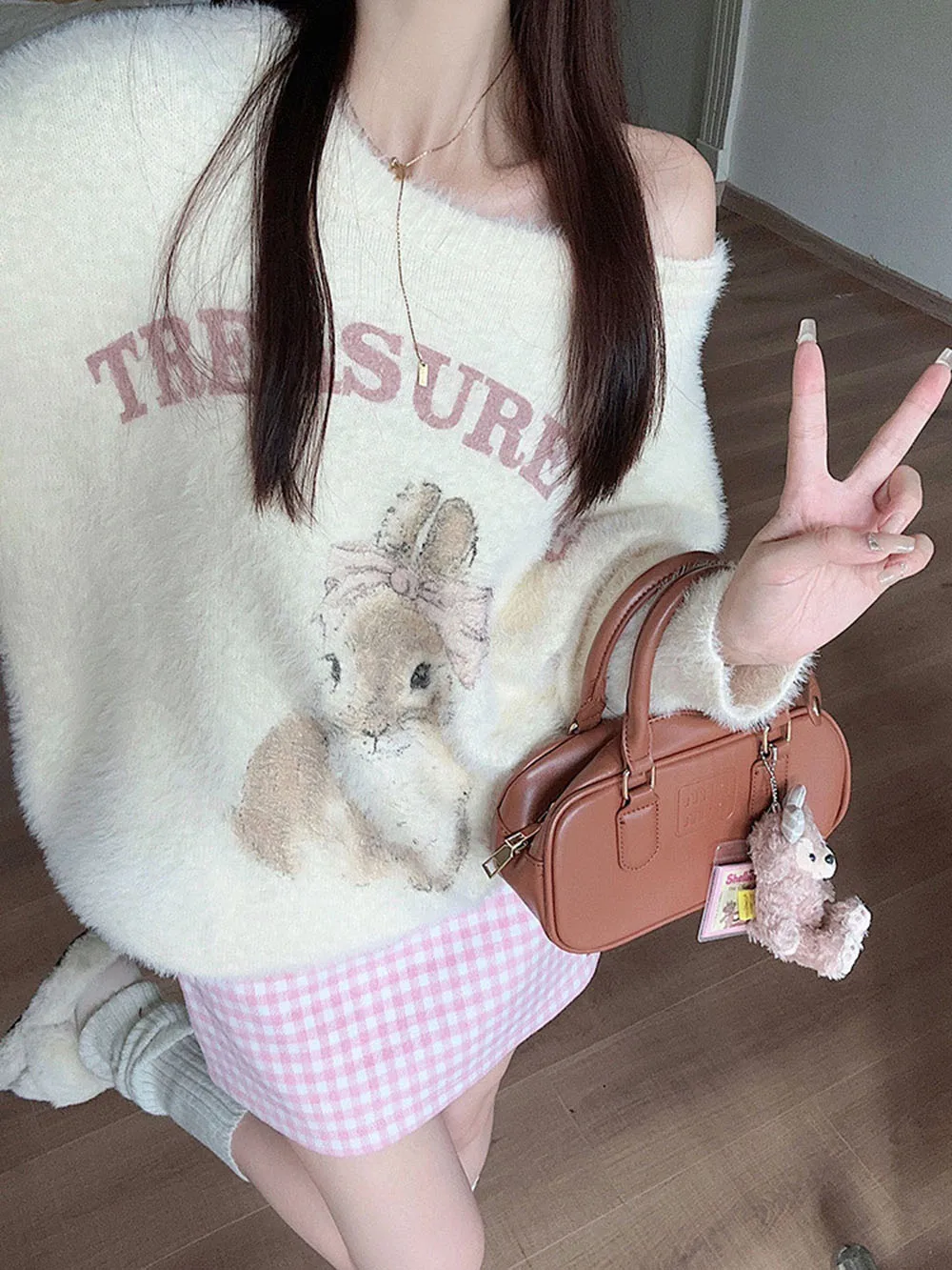 Sweet Women\'s Knitted Sweater Spring Plush Imitation Mink Fur Fabric Cartoon Rabbit Print Cardigan Single Breasted Outwear