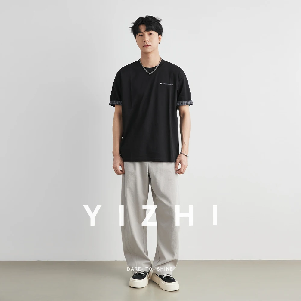 Men's Japanese Style Splicing Cuff T-Shirt Summer Cotton Blend Crew Neck Loose Drop Shoulder Casual Versatile Short Sleeve