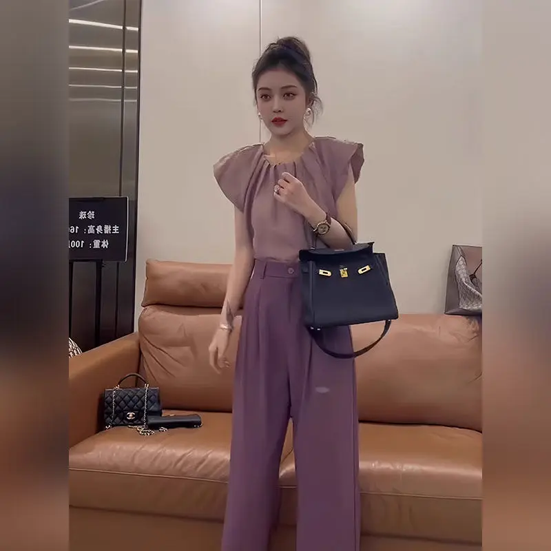 Xiaoxiangfeng-Ensemble Deux Pièces pour Femme, Haut Amincissant et Rajeunissant, Pantalon à Jambes Larges, Mode d'Été