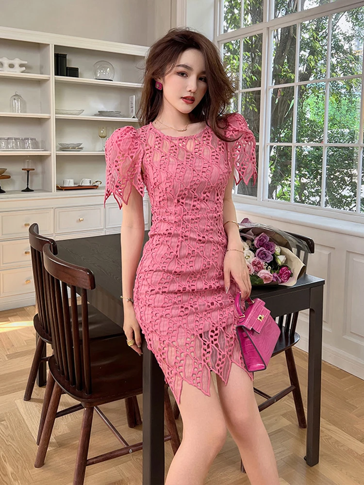 Summer Women Mini Dress Sweet Sexy Celebrity Chic Rose Red Sheer Lace Hook Flower Hollow Puff Sleeve Vestidos Femme Ropa Mujer