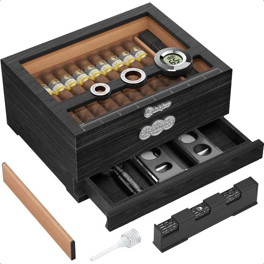 Umidificatore per sigari Contenitore per umidificatore da tavolo con parte superiore in vetro Regali per sigari per uomo Custodia per sigari in legno di cedro con igrometro digitale Umidificatore Measu
