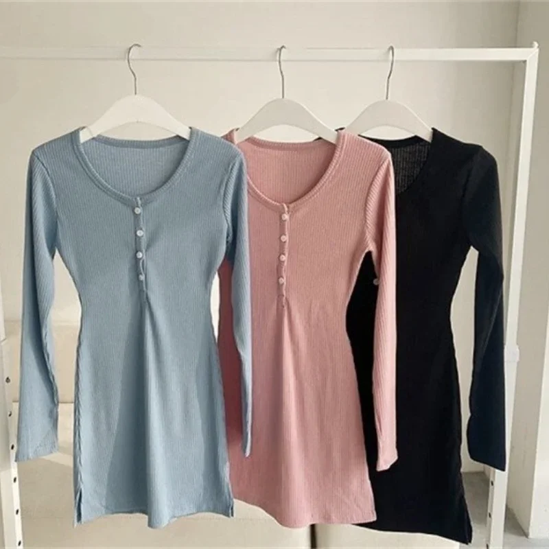 Mini robe pour femmes, col en V, boutons, pull Sexy, élégante, moulante, col mi-ouvert, couleur unie, manches longues, printemps automne 2026