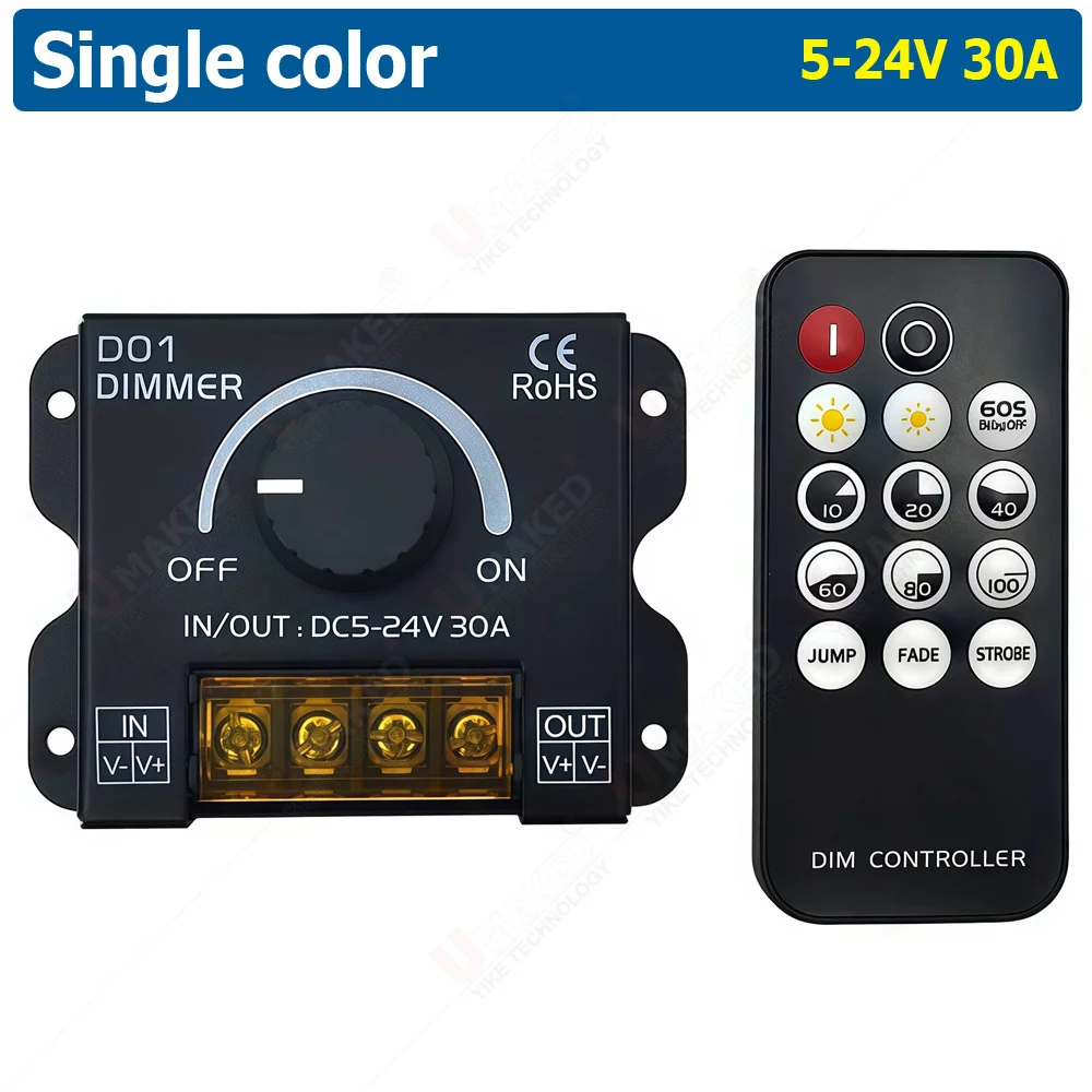 LED Knob Dimmer DC 12V 24V 30A High Power Adjustable Potentiometer Knob Dimming Switch Controller and RF Wireless Remote Control