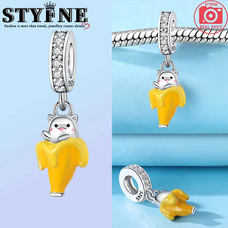 925 Sterling Silver Cute Split Colour Drip Banana Dog Pendant Fruit & Vegetable Pendant Symbols Beads Fits DIY Bracelet Jewelry