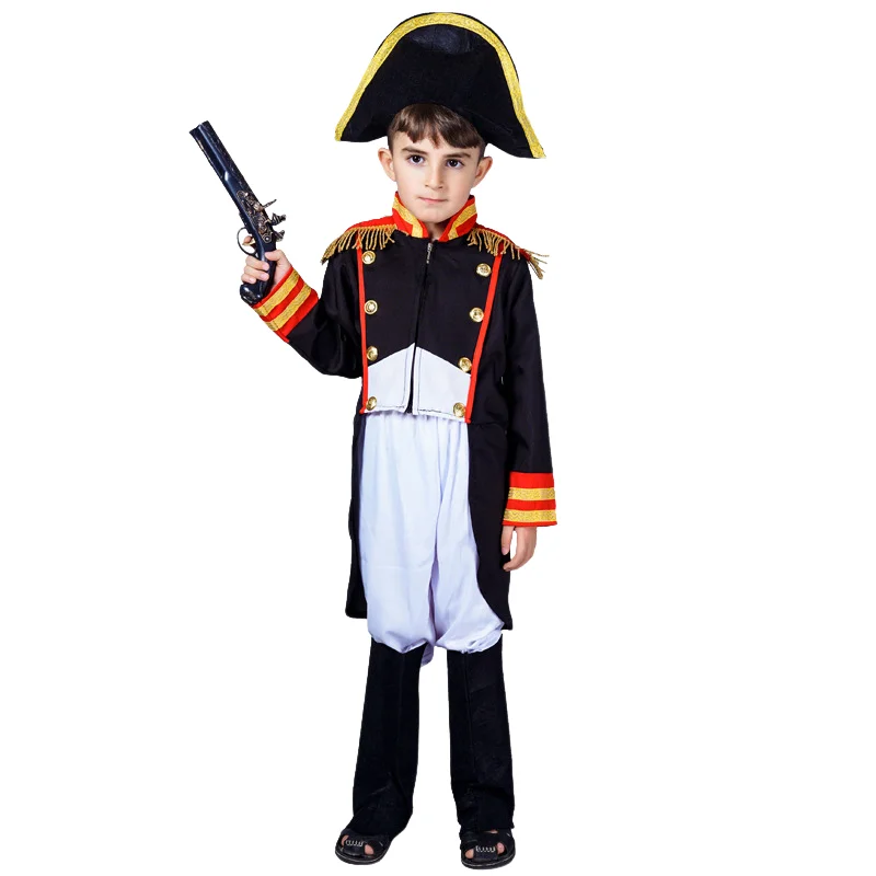 Costume d'Halloween Napoléon pour enfants, vêtements de spectacle sur scène, costume de cosplay drôle, smoking noir imbibé, fête de vacances