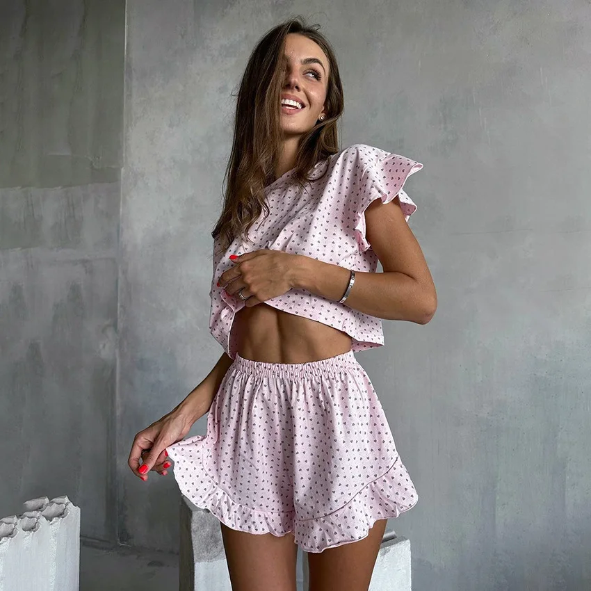 Traje informal europeo y americano para mujer, pijama de manga corta con estampado de hojas de loto, ropa de estar por casa, novedad de verano 2024