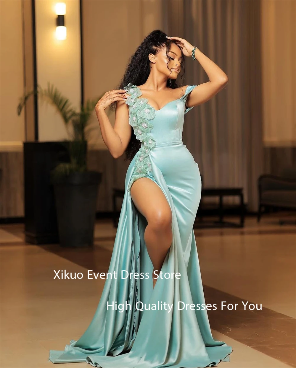 Xikuo موضة الساتان فساتين حفلات حورية البحر الجانب الشق Vestidos Para Eventos ثلاثية الأبعاد الزهور الحبيب كوكتيل فساتين السهرة حسب الطلب