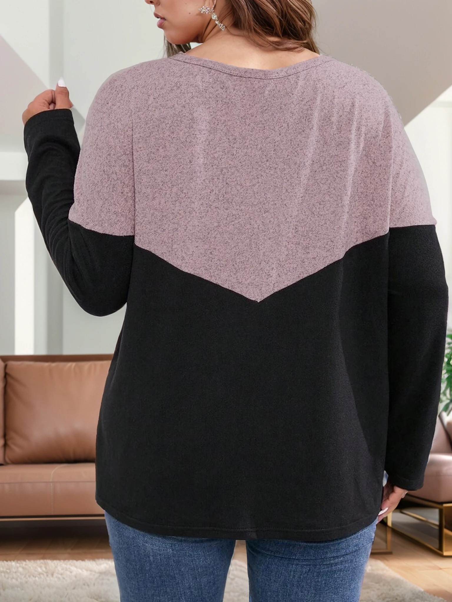 Orientierung plus Größe Damen Langarm farb blockiertes Rundhals-Top – Detail 6