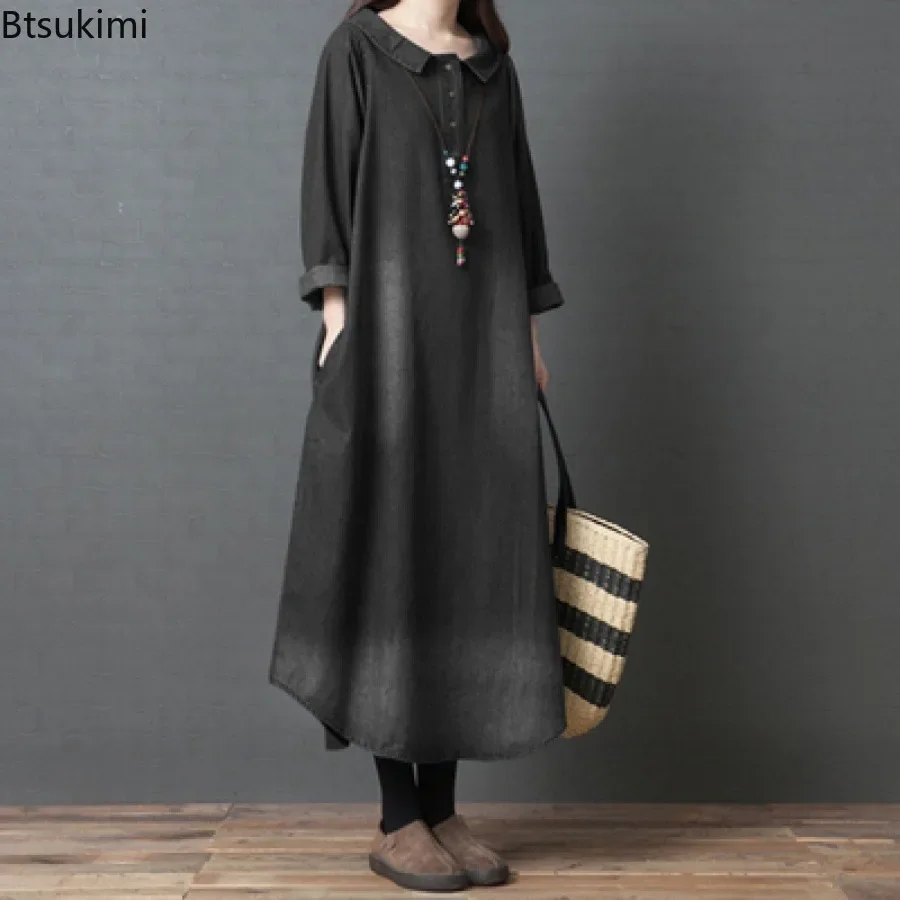 

2024 Loose Casual Women Long Dress Fashion Vintage Peter Pan Collar Denim Dress Spring New Comfort Long Sleeve Jean Skirts Femme