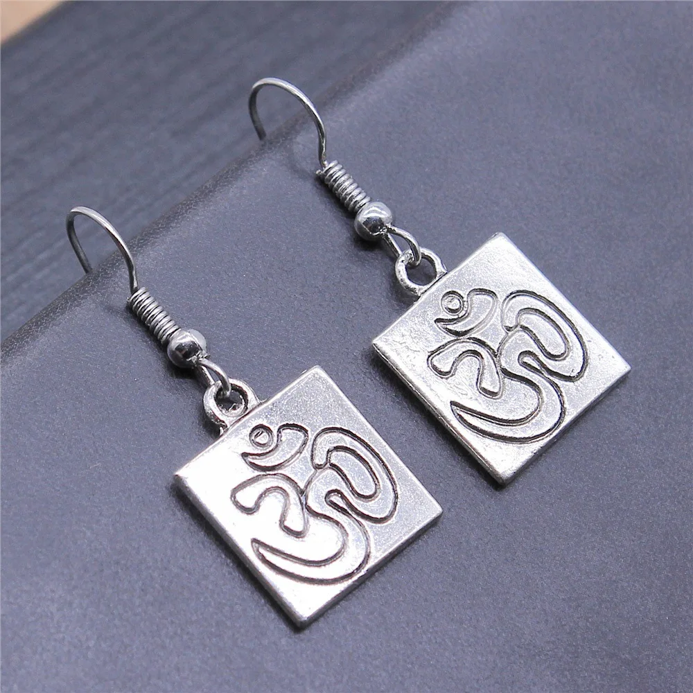 Fashion Handmade Simple Design Antique Silver Color Double Sided Om Pendant Earrings Drop Earrings