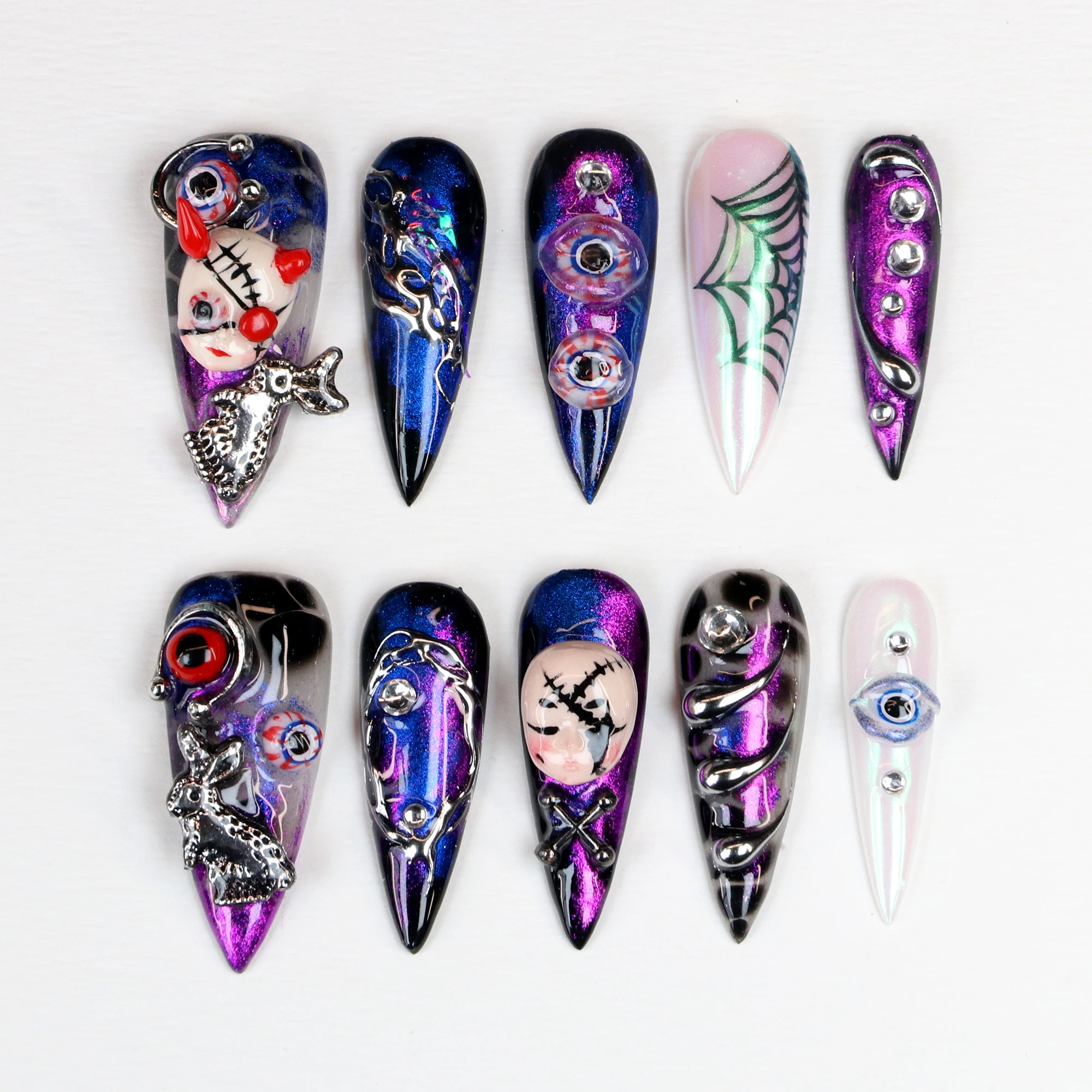 10Pcs 3Dl handmade Manicure Press On Nails, Acrylic Fake Handpainted Spider web Design All Saints' Day Adhesive Nail File Set