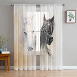 Cortinas de ventana transparentes de tul con pintura de acuarela de caballo blanco y negro para sala de estar, cocina, dormitorio de niños, cortina colgante de gasa