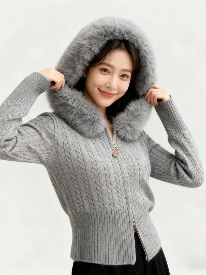 

Korean Sle Early Winter ort Knitted Zipper Hooded Sweater Coat Women's Small Size Faionable Collarl Cardigan