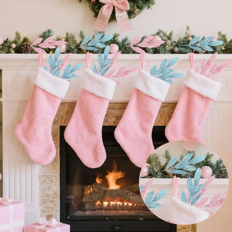 3/12 Stück Rosa Glitzernde Blätterzweige Künstliche Stiele für Weihnachtsbaum DIY Kranz Hochzeitstisch-Dekoration Winterparty-Deko – Detail 12