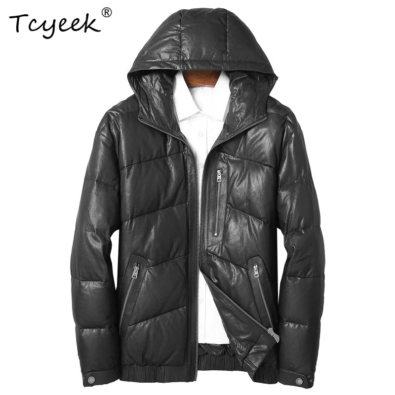 Tcyeek 90% White Goose Down Coat Men Natural Sheepskin Real Leather Jacket Hoodie Man Clothes Loose Fit Trendy All Plant Tanning