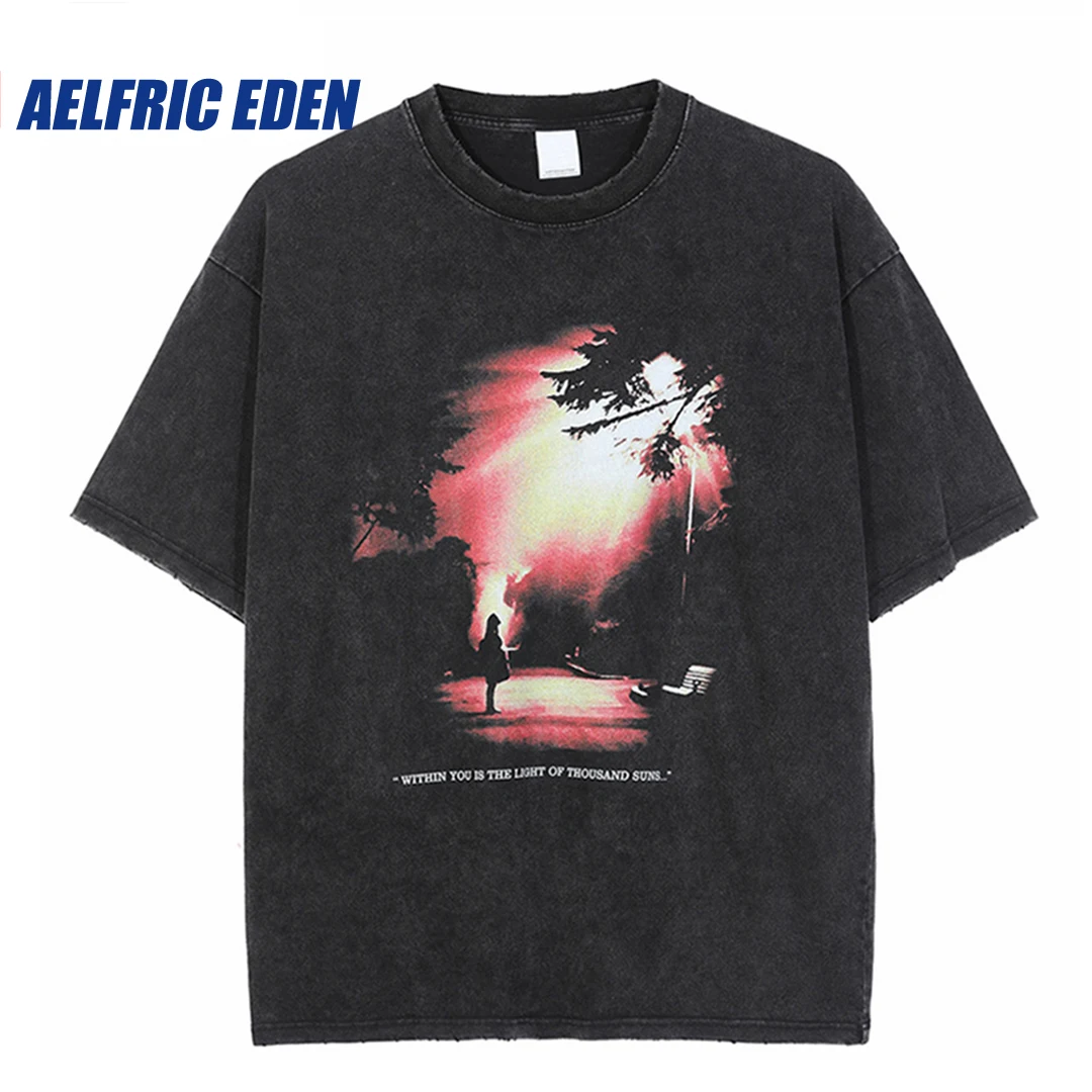 

Hip Hop Streetwear Washed T Shirt Sunshine Letter Print T-Shirt Harajuku Cotton Short Sleeve Tshirt 2023 Men Spring Tops Tees