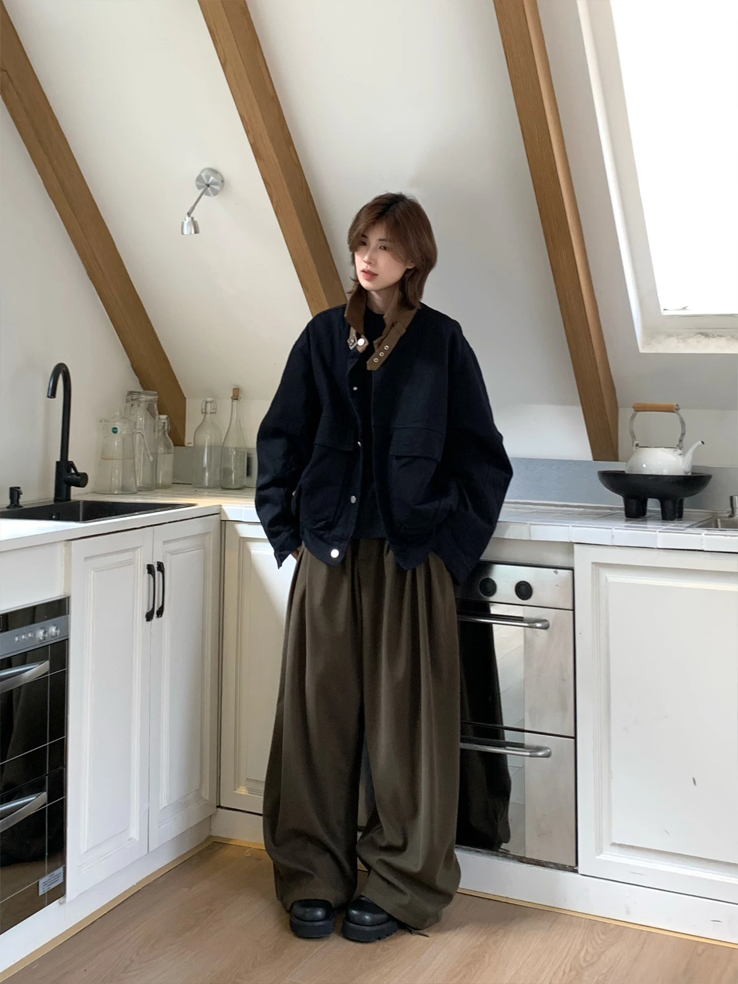 유니섹스 루즈핏 워크웨어 자켓 (큰 포켓, 배색 칼라, 캐주얼 빈티지 스타일, 코튼 소재, 긴팔, 청소년용)