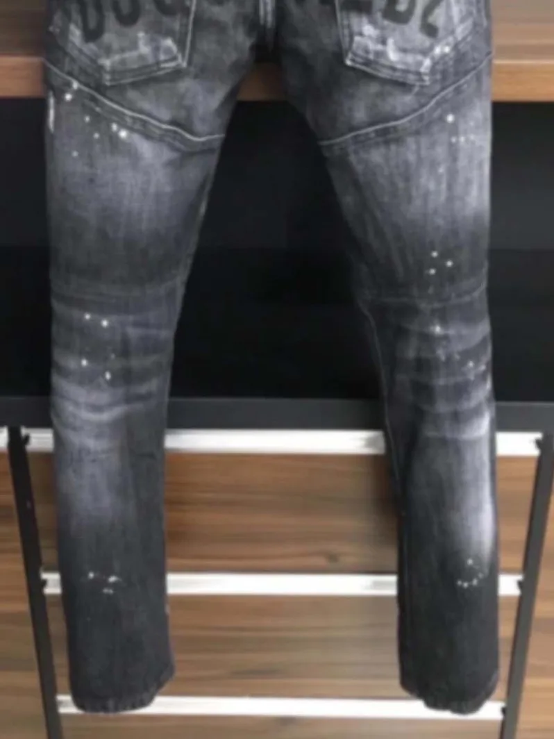 2023 Spring/Summer New D2 Jeans Men's Washed and Worn Hole Patch Car Line Zipper Decoration Small Feet Blue