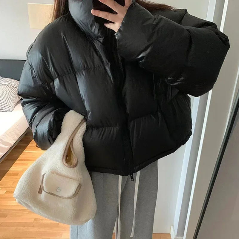 Black Crop Parkas Women Korean Fashion Winter Puffy Coats Warm Stand Collar Simple All-match Female Streetwear Baggy Chic Jacket