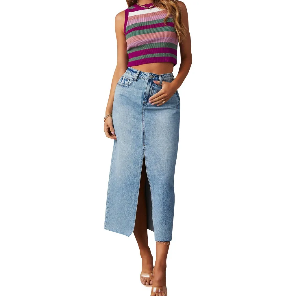 Women Streetwear Denim Skirt Split Hem High Waist Button Pockets Distressed Washed Long Skirts Casual Female Vintage A Line
