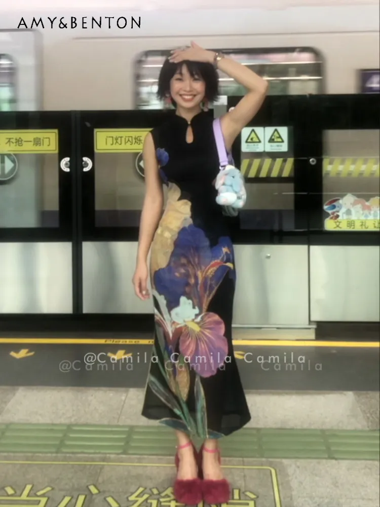 

Summer New Chinese Style Women's Black White Pink Floral Print Cheongsam Collar Sleeveless Long Waist-Cinching Bodycon Dress