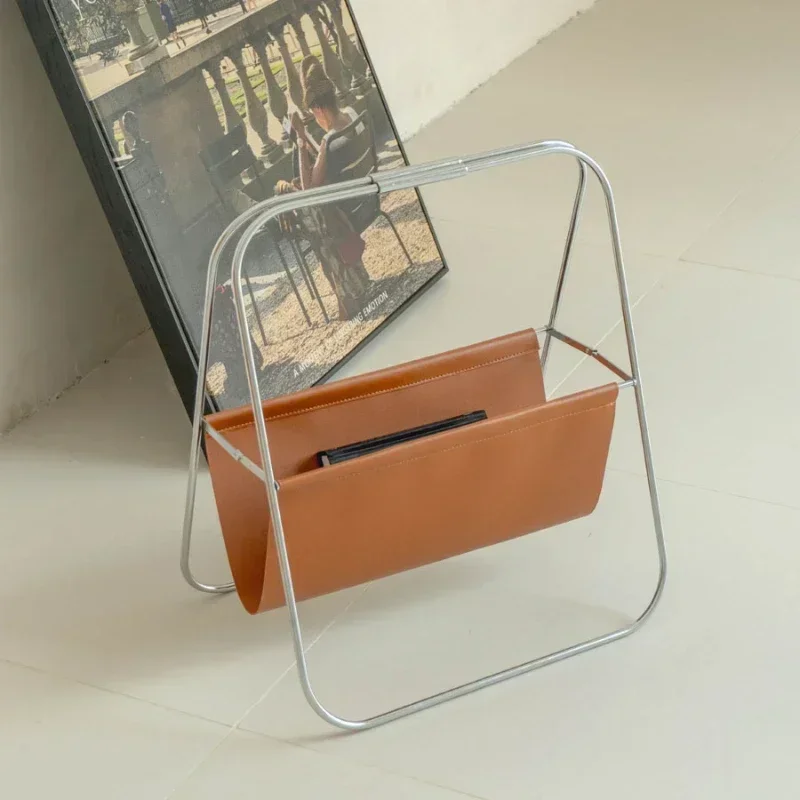 Vintage Light Luxury Leather Magazine Shelf  Stainless Steel Foldable Bookcase, MidCentury Design, Living Room Storage