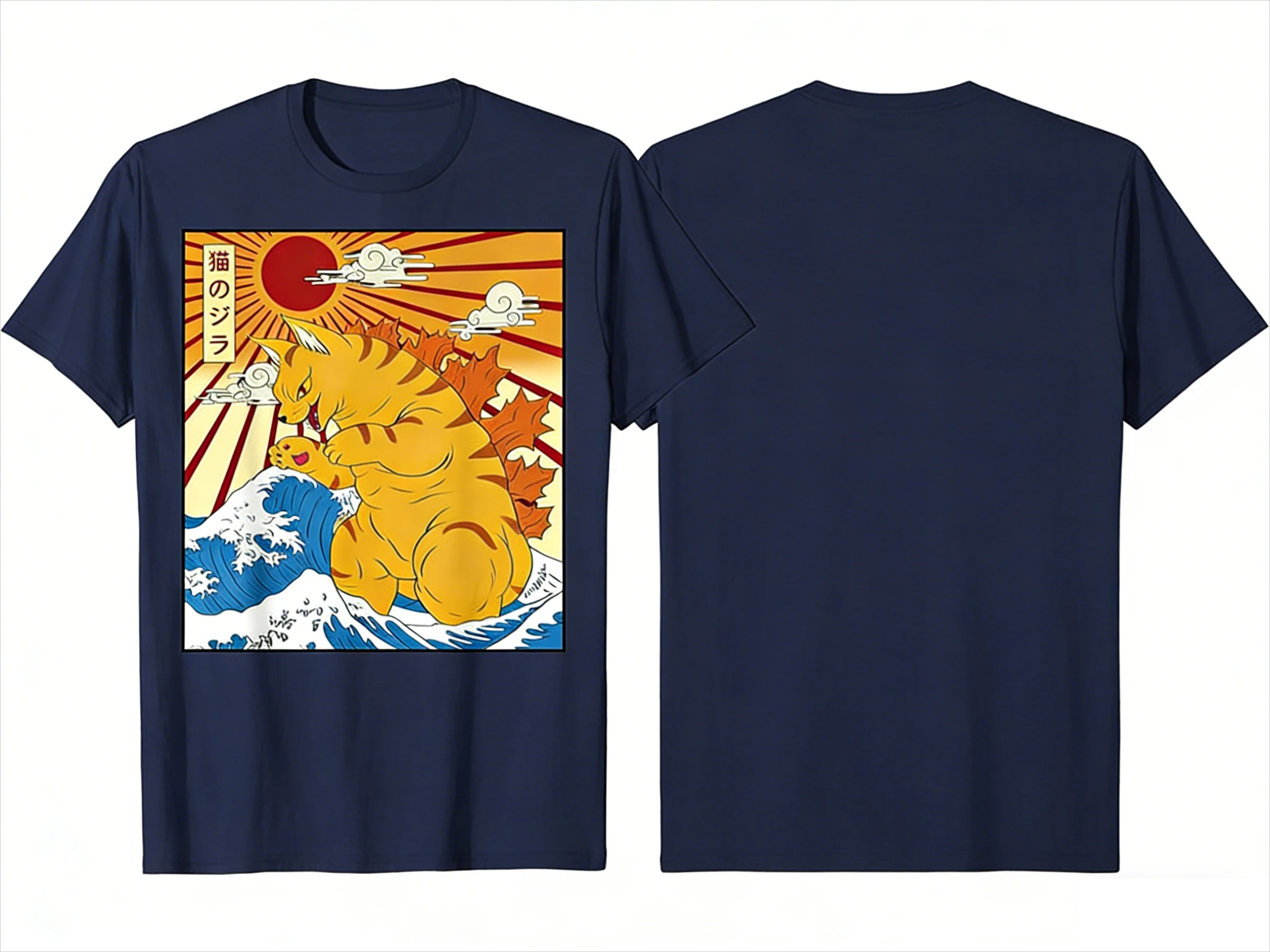 تي شيرت Cat & Wave Print مضحك ياباني Cat Meme بأكمام قصيرة - تي شيرت كاجوال للجنسين بنمط Y2K ثقيل الوزن من القطن برسوم جرافيك